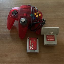 Nintendo N64 Red Aftermarket Controller W/ Tremor Pack And Memory 