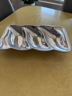 Vintage mid century Pewter style casting serving dish with three compartments.