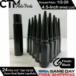 20 PC 4.5'' BLACK 1/2-20 SPIKE WHEEL LUG NUT + KEY FIT DODGE RAM CHEVY GMC JEEP