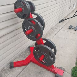 Olympic Weights/ 7ft Bar /4ft Tree Stand /clips 