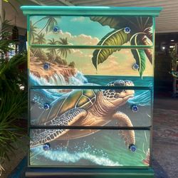 Gorgeous Tropical Island Turtle Inspired Vintage Chest Of Drawers 