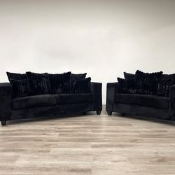 NEW IN BOX-  2PC Black Fabric Sofa and Loveseat Set FINANCE Available $54 down