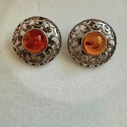 Vintage 925 sterling silver round 1” earrings amber orange artisan design  In great condition