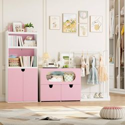 69" Large Toy Storage Organizer with Clothes Rack, Modular Type Kids Bookshelf & Toy Storage with Two Movable Toy Box, Children Bookshelf for Playroom