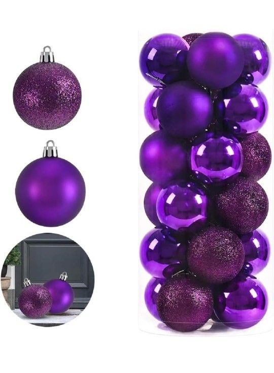 24pcs Mini Christmas Balls Ornaments, Shatterproof Christmas Hanging Balls for Xmas Tree, Holiday, Wedding, Mardi Gras Party (Purple)