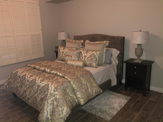 Jonathan Louis Hepburn Queen Upholstered Bed Frame + Waterford Kerrigan Bedding