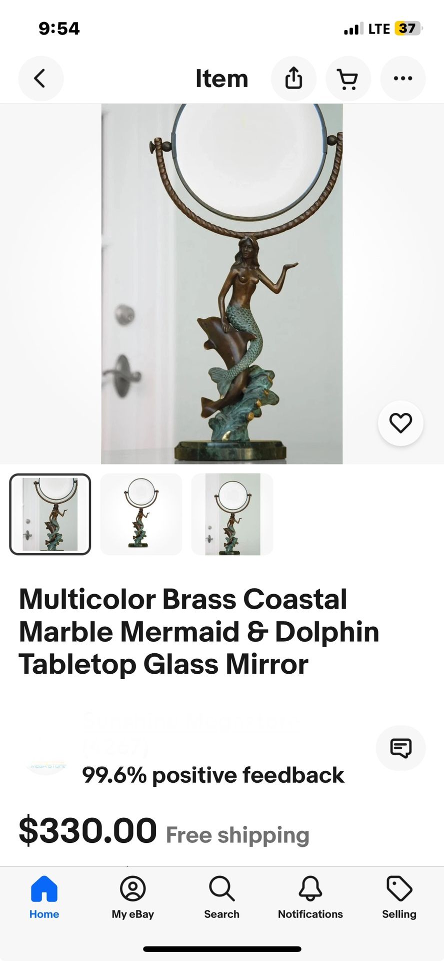 Multicolor Brass Coastal Marble Mermaid & Dolphin Tabletop Glass Mirror