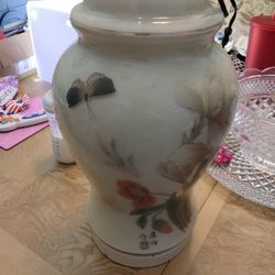 Ginger Jar Japan Signed Table Lamps W/Butterfly & Floral 20" Tall Cream Color