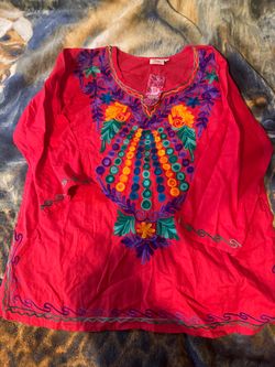 Red Embroidered Boho Tunic Top