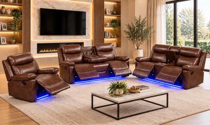 Brown Leather Recliner Sofa Set with LED Lighting