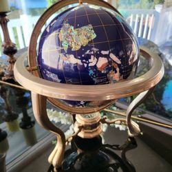 🌍💎 Large Gemstone Inlaid World Globe w/ Brass Stand & Compass – 16”x12” 💎🌍  