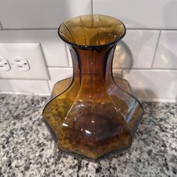 Vintage Indiana Glass 9 Sided Clear Amber MCM Art Glass Vase 8.5x6”