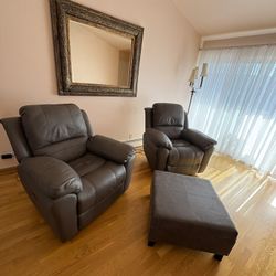 Two - leather power recliners with USB port and Large Faux Leather Square Storage Ottoman