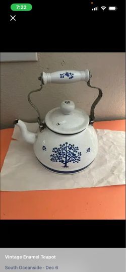 Vintage White Enamel Teapot Blue Tree Design