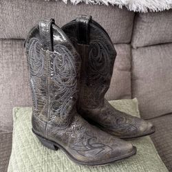 Justin BRL110 Western Bent Rail Boots Black Glazed Laredo Embroidered Leather Size 7.5 B