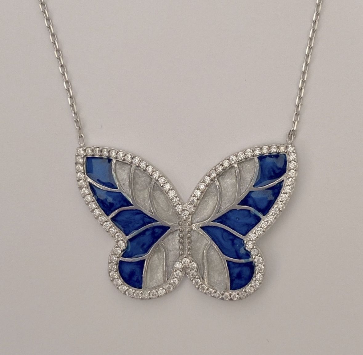 🦋925 Silver butterfly necklace cz blue handmade enamel