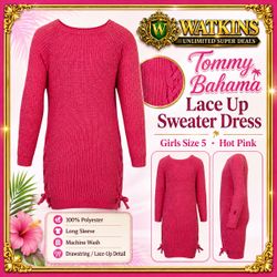🌴 TOMMY BAHAMA GIRLS LACE-UP SWEATER DRESS – SIZE 5 – HOT PINK 🌴