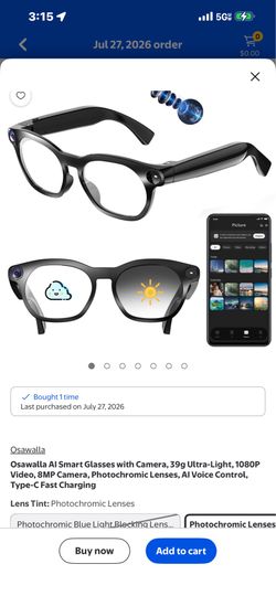 Al Smart Glasses with Camera, 39g Ultra-Light, 1080P Video, 8MP Camera, Photochromic Lenses, Al Voice Control,