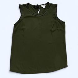 J. Crew Size 0 Small Olive Green Sleeveless Tank Top Casual Blouse Ruffle Trim
