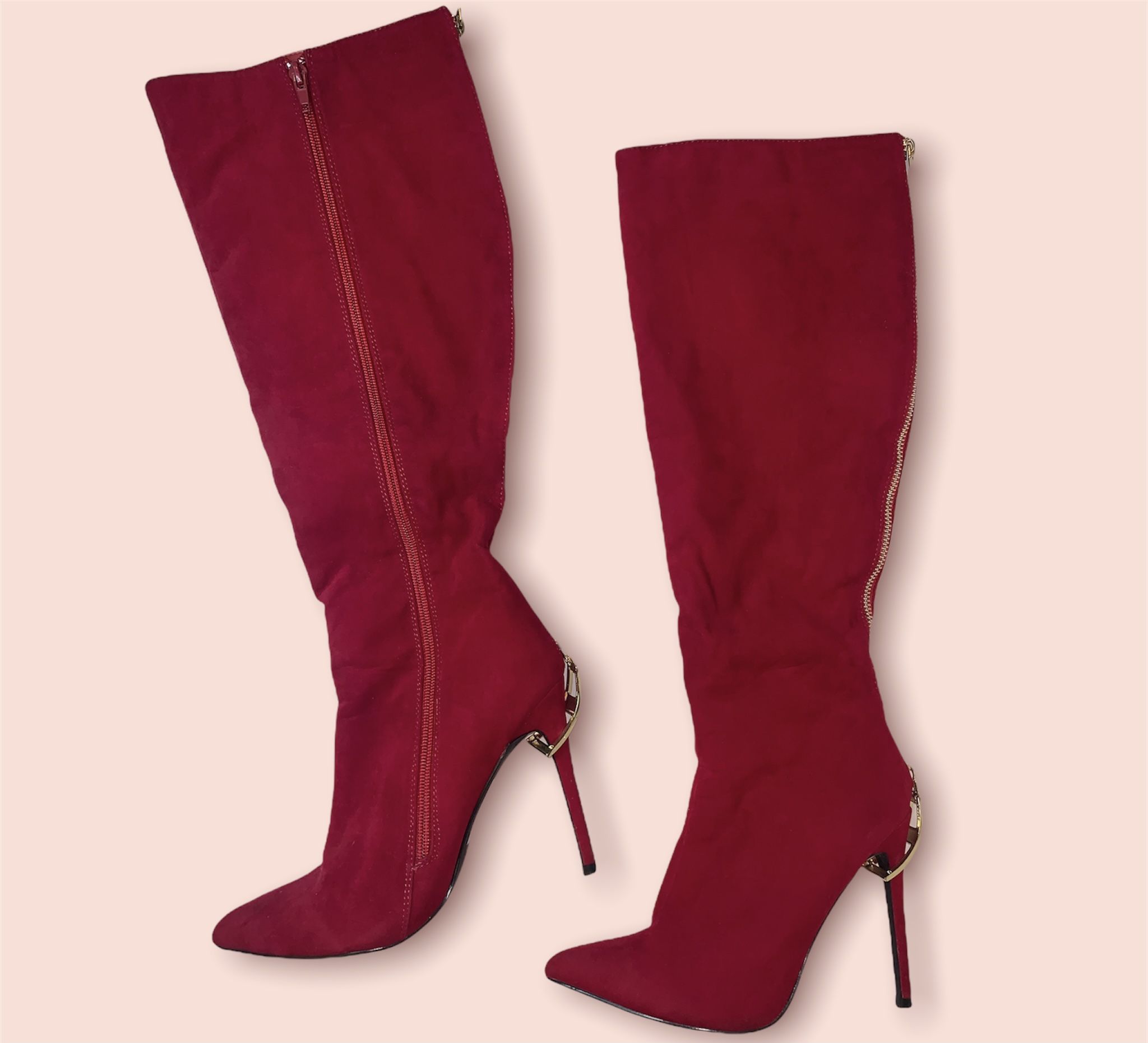 Pointed Red Suede Gold Knees High Boots
