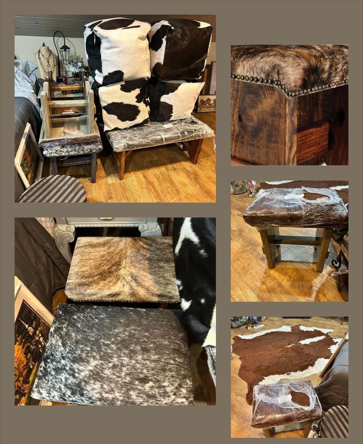 Texas Proud Cowhide Wood Stools (4 cowhide patterns available), 2 benches And Pouffs