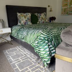 King Upholstered Bed With Saatva Mattress W Side Tables