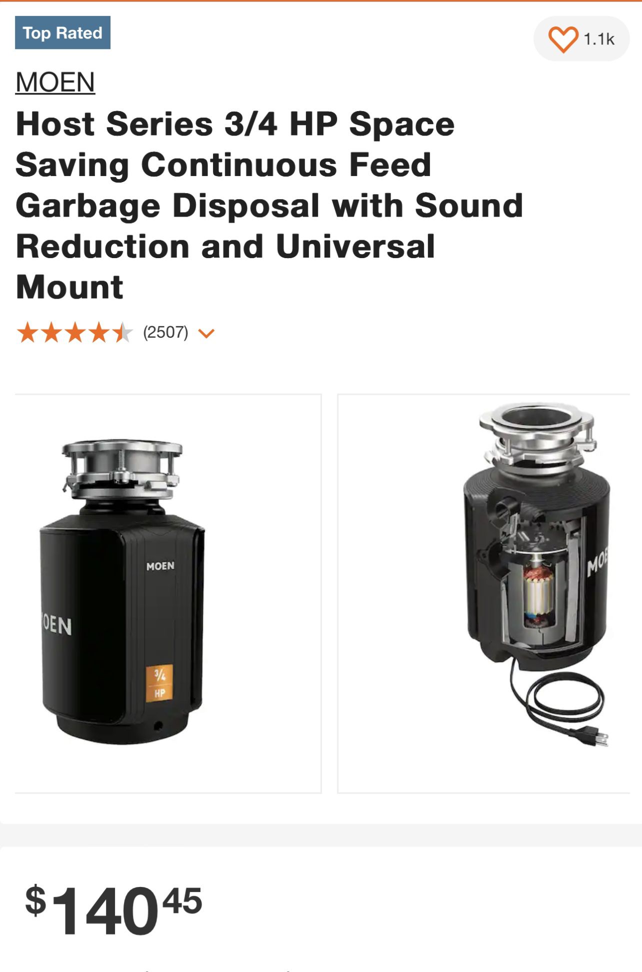 MOEN Host Series 3/4 HP Space Saving Continuous Feed Garbage Disposal with Sound  Reduction and Universal Mount for Sale in Tustin, CA OfferUp