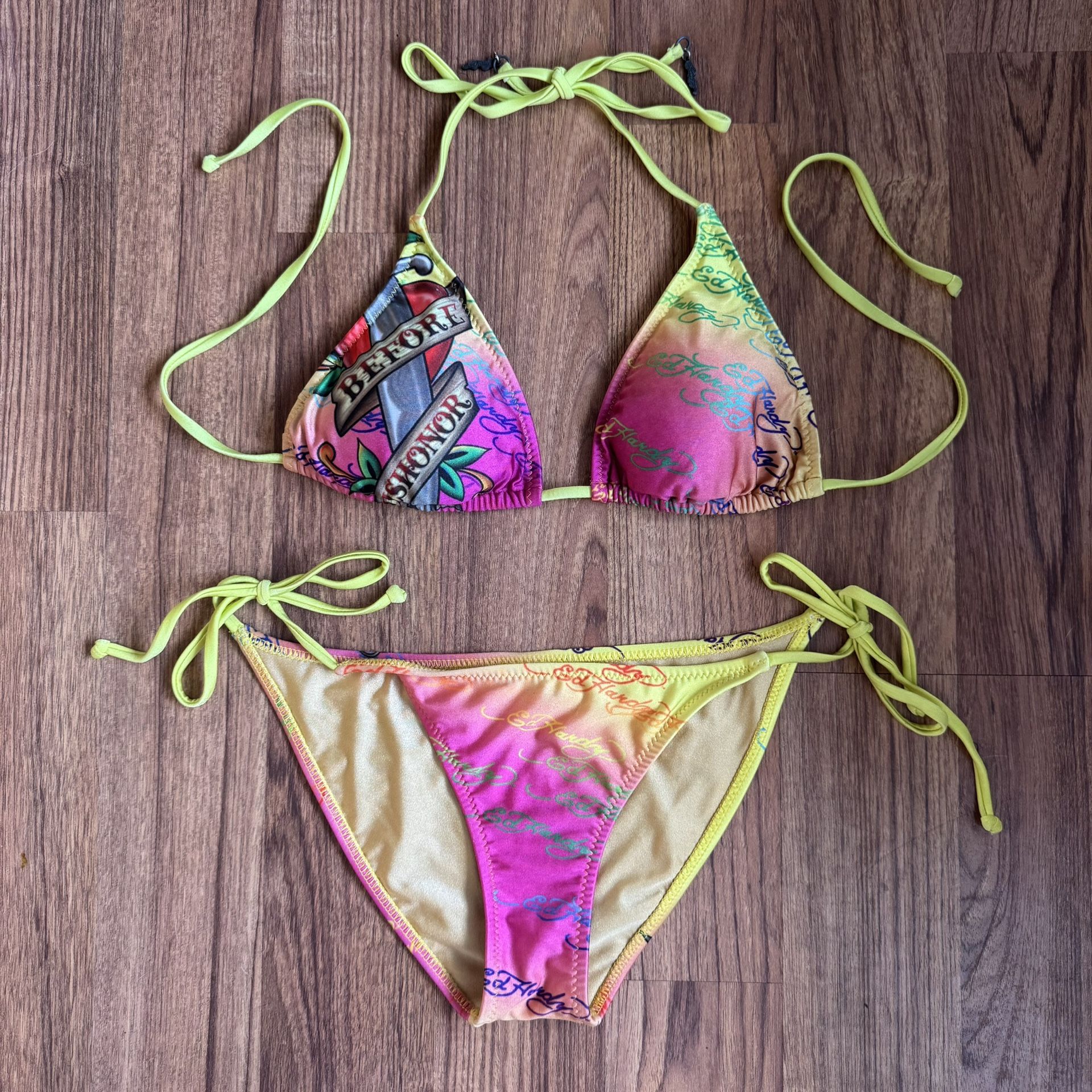 ED HARDY Vintage Y2K Rare Pink Yellow Dishonor Edgy String Triangle Bikini Set