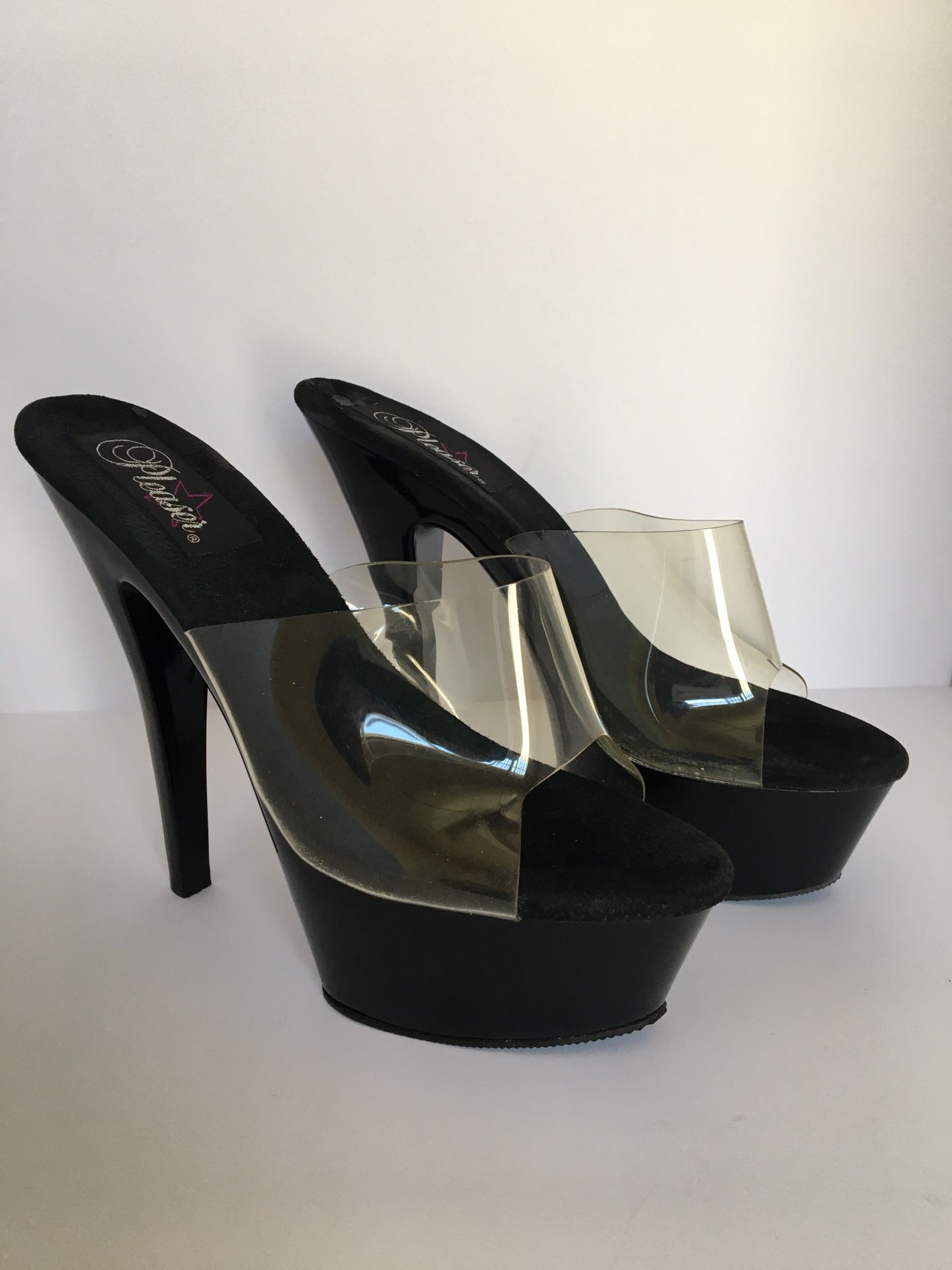 Pleaser Black Platform Clear Upper Slip On 6” Heels Women’s Size 9