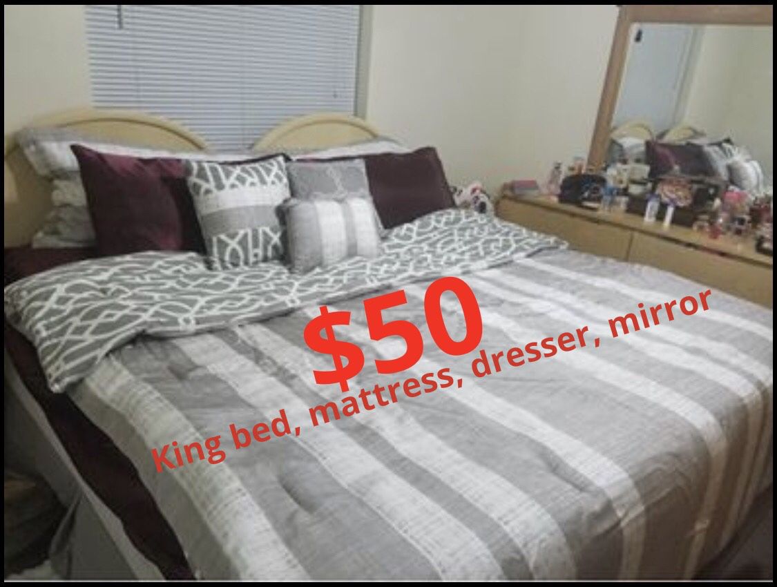 King Size Bed with Dresser and Mirror