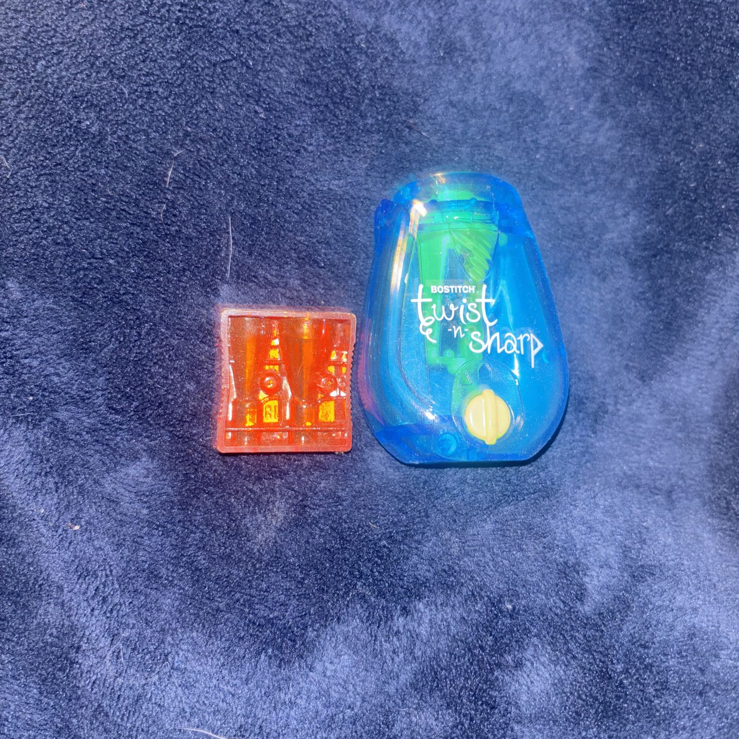 3 Mini Pocket Sized Pencil Sharpeners 1 blue twist n sharp pencil sharpener 1 orange multi slot pencil sharpener 1 Red Single Slot