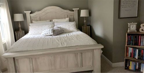 Jordan’s Furniture King Bed Frame – Distressed White – Originally $1,000