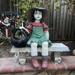 Vintage Beautiful Little Girl Set On A Bench With Flower Basket ( Garden Decor)