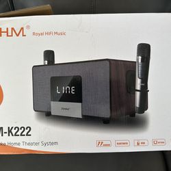 NEW RHM K222 Karaoke Machine with 2 UHF Wireless Microphones & 5 Sound Modes, Support Optical/Bluetooth/AUX/USB/PC, Wooden Home Karaoke Singing Machin