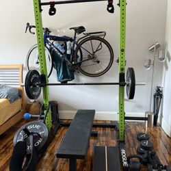Rogue Squat Rack & Bench Press With Weights/Spotter Arms/Bar