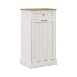 White Wood 35.4 in. H Trash Cabinet Storage Cabinet with Tilt-Out Compartment and Drawer