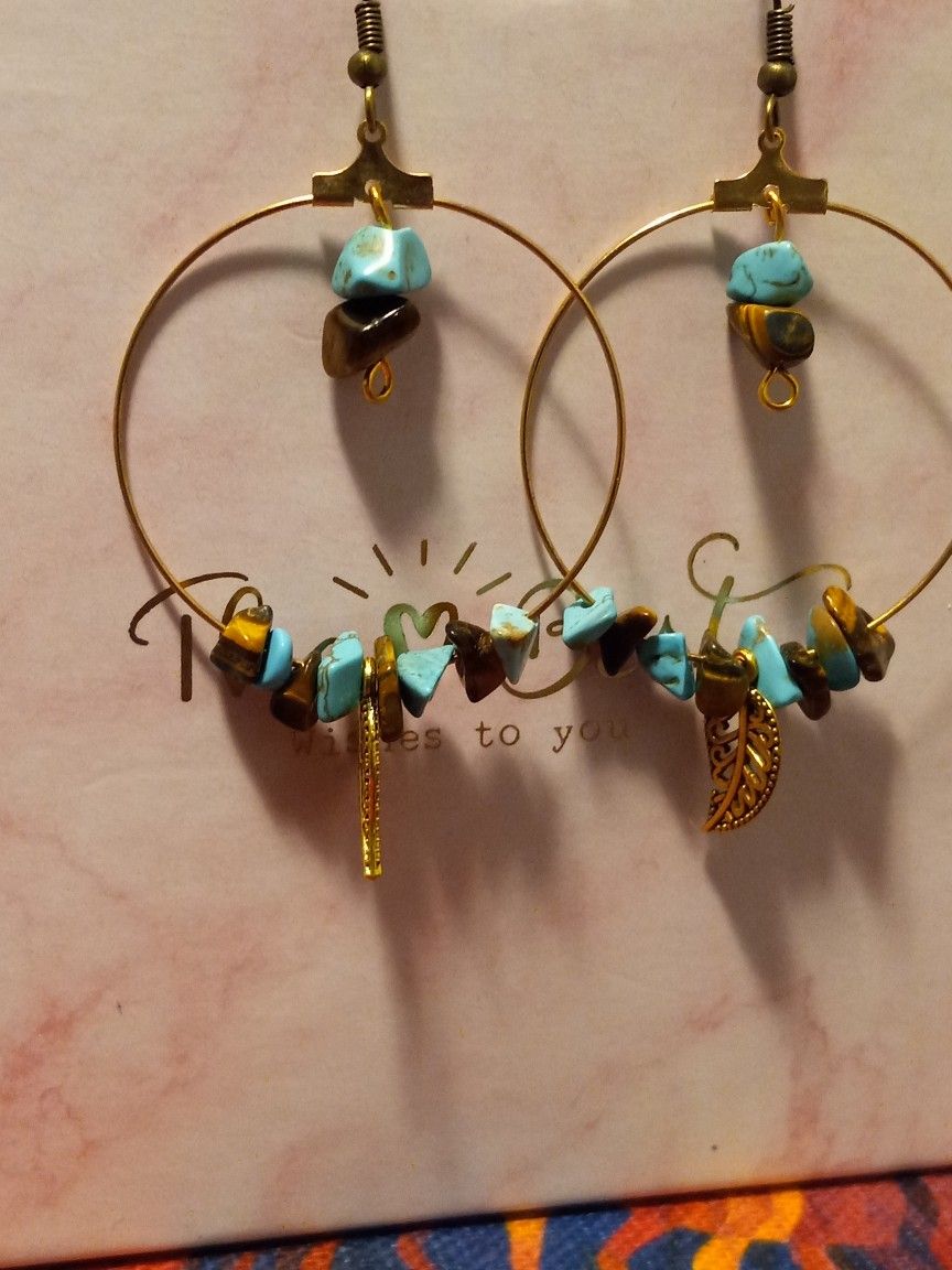 Gold Toned Leaf Earrings With Tigers Eye And Turquoise