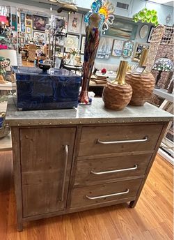 Rustic wooden storage cabinet, weathered with galvanized metal top 42”Wx16”Dx36”H