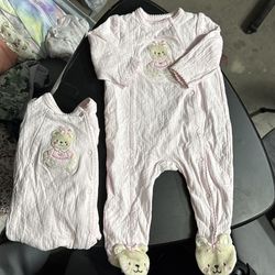 (2) 6m Little Me baby girl pink bear feetie pajamas