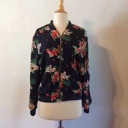Zara Womens Navy Floral Bomber Style Jacket
