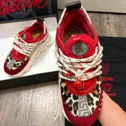 Versace Chain Reaction Red Suede Leopard Print Low Top Men's Sneaker