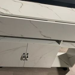 New 47" Folding Table with Storage Shelves & Wheels, Multi-Functional Foldable Desk for Small Kitchen Dorm Office, White