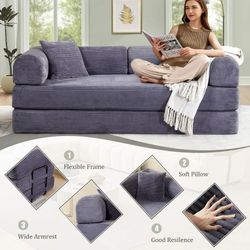 NEW Gray Corduroy 3-Seater Sofa Convertible Sleeper Sofa Bed with Fixed Frame & Non-Slip Base