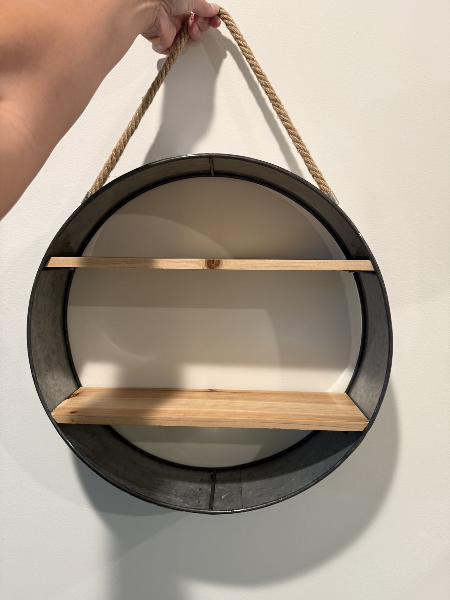 Farmhouse/ Galvanized Metal Round Hanging Rope Unit with Wood Shelves (17 x 17)