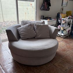 Oversized 54” Swivel Barrel Chair – Neutral Designer Style – Excellent Condition