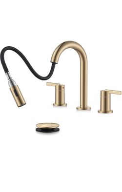 Champagne Bronze Pull Down Widespread Bathroom Faucet 2 Handle 3 Hole