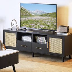 TV Stand for 70 Inch TV - Modern Wood Rattan Media Console with Charging Station Light Strip, Entertainment Cabinet Accents Storage Furniture with 2 D