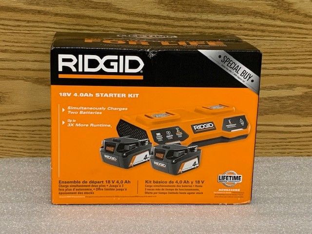 RIDGID AC95240SB 18V Dual Port Simultaneous Charger with 18V 4.0 Ah Lithium-Ion