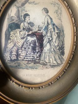vintage French fashion lithograph print from La Mode Illustrée in an oval wood frame.