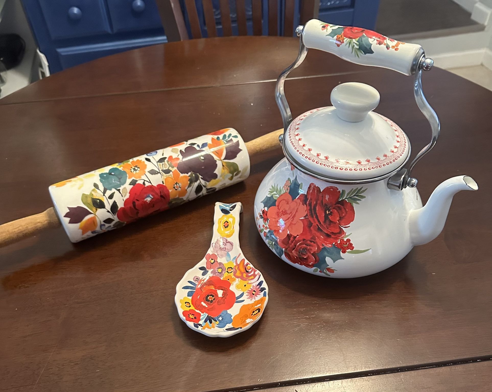 Pioneer Woman Tea Kettle , Rolling Pin, And Spoon Rest